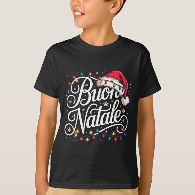 Italian Family Christmas Lights Red Santa Hat Buon T-Shirt (Front)