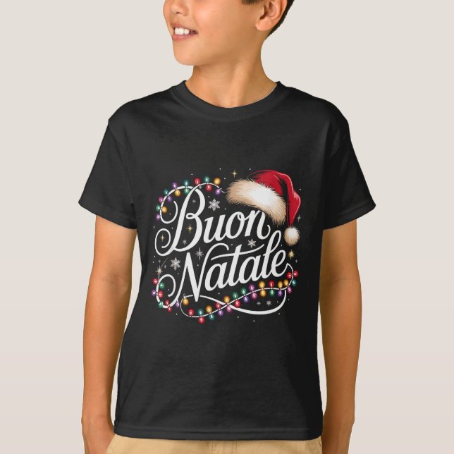 Italian Family Christmas Lights Red Santa Hat Buon T-Shirt (Front)