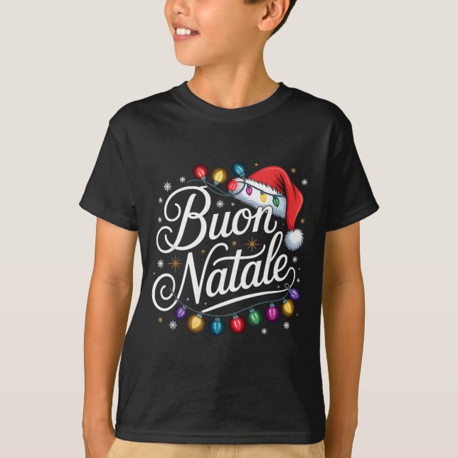 Italian Family Christmas Lights Red Santa Hat Buon T-Shirt (Front)