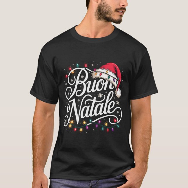 Italian Family Christmas Lights Red Santa Hat Buon T-Shirt (Front)