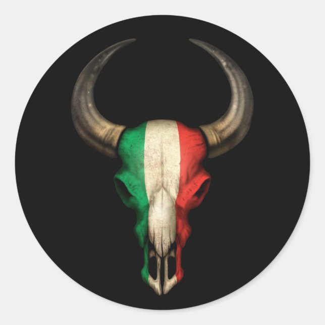 Italian Flag Bull Skull on Black Classic Round Sticker (Front)
