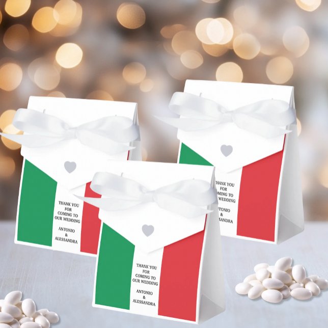 Italian Flag Custom Wording Favour Box (Italian Flag Custom Wording Small Tent Box Favor with White Ribbon for Italian Weddings and Parties)