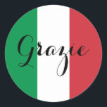 Italian Flag Elegant Calligraphy Grazie Classic Round Sticker<br><div class="desc">Grazie ...  an Italian language thank you message against the colours of Italy's flag. 
You can change the modern elegant calligraphy style to create your own custom text message. 
Try a different font style,  size and colour and personalise the text design to make your own typography stickers.</div>