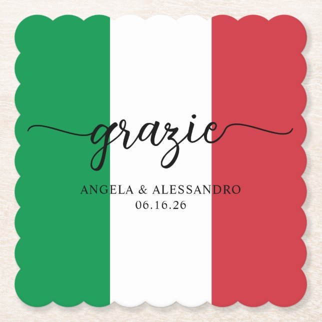 Italian Flag Elegant Calligraphy Grazie Paper Coaster (Front)