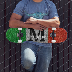 Italian Flag Glitter Sparkly Sparkles Monogrammed Skateboard