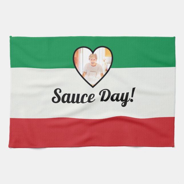 Italian Flag Heart Nonna Custom Photo Sauce Day   Tea Towel (Horizontal)
