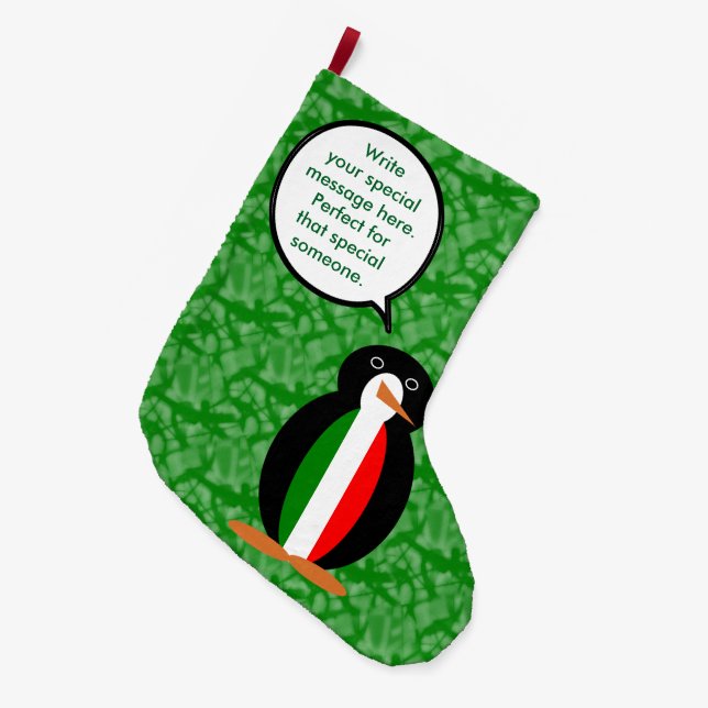 Italian Flag Holiday Ms. Penguin Talking Large Christmas Stocking (Front (Hanging))