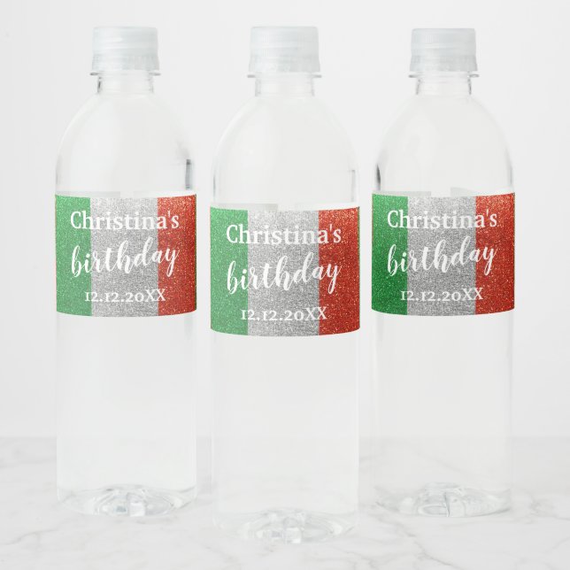 Italian Flag Italy Glitter Birthday Party Weddings Water Bottle Label (Bottles)