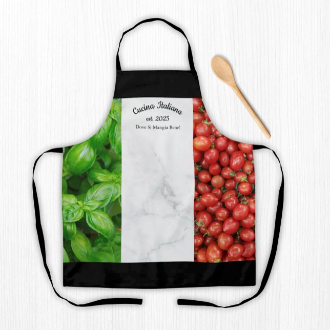 Italian Flag of Basil, Marble, and Tomatoes Apron (Flag of Italy:  Basil, white marble, and tomatoes - Italian Kitchen Apron with Custom Wording)