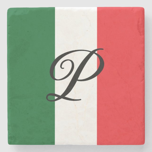 Italian Flag with Monogram Stone Coaster (Front)