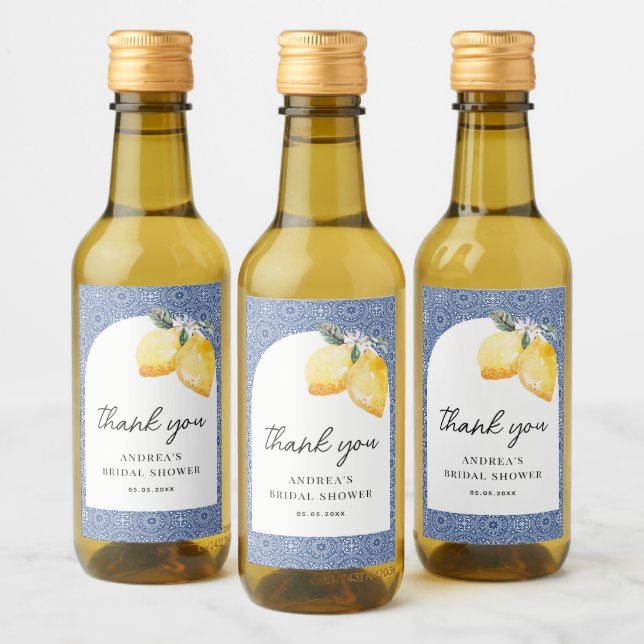 Italian Floral & Blue Tile Bridal Shower Thank You Wine Label (Bottles)