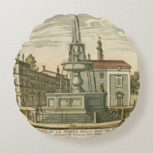 Italian Fountain in Town Square by Falda Round Cushion