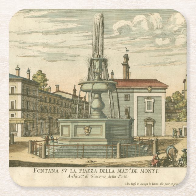 Italian Fountain in Town Square by Falda Square Paper Coaster (Front)