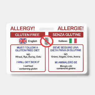 ITALIAN Gluten Free Travel Card   Allergy Badge ID Badge