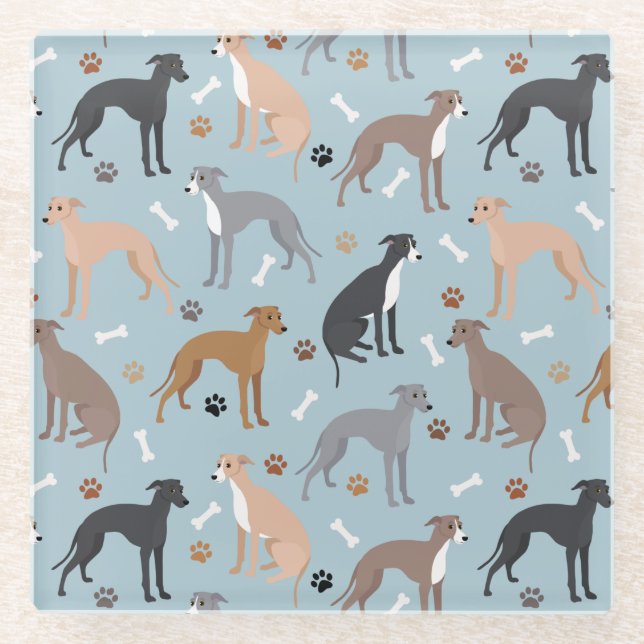 Italian Greyhound Dog Bones and Paws Glass Coaster (Front)