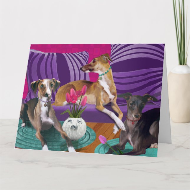 Italian Greyhound Dog Portrait, Colourful Pet Scen Card (Front)