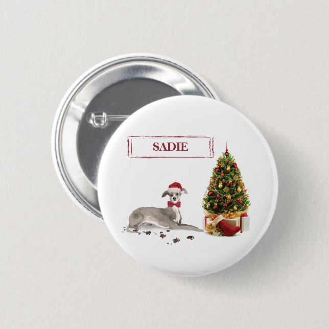 Italian Greyhound Funny Christmas Dog with Tree 6 Cm Round Badge (Front & Back)