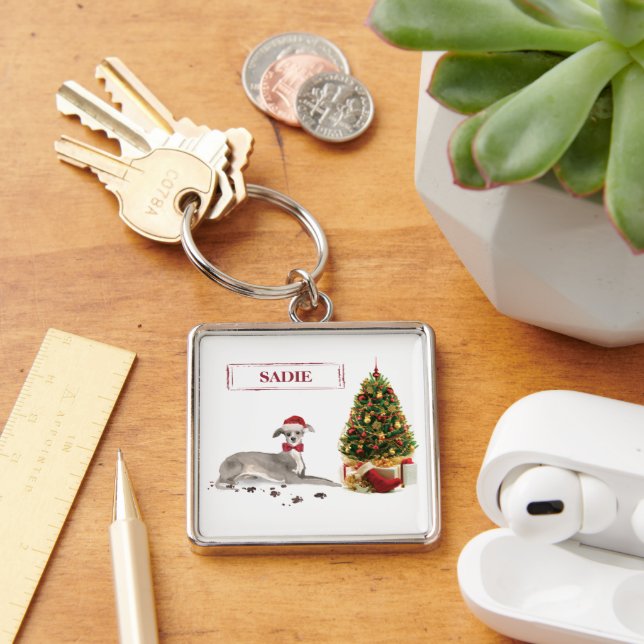 Italian Greyhound Funny Christmas Dog with Tree Key Ring (Desk)