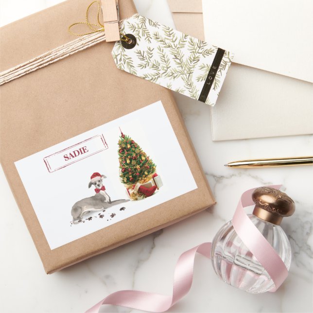 Italian Greyhound Funny Christmas Dog with Tree Rectangular Sticker (Gifting)