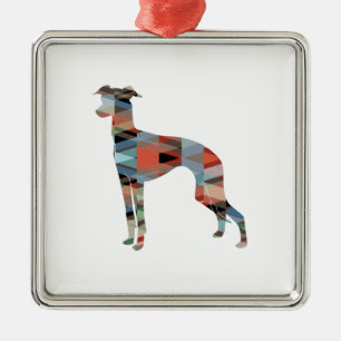 Italian Greyhound Geo Pattern Silhouette - Plaid Metal Tree Decoration