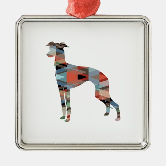 Italian Greyhound Geo Pattern Silhouette - Plaid Metal Tree Decoration (Front)