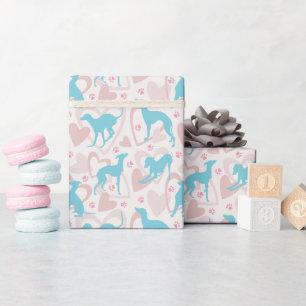 Italian Greyhound Hearts Paws Cute Blue Pattern Wrapping Paper