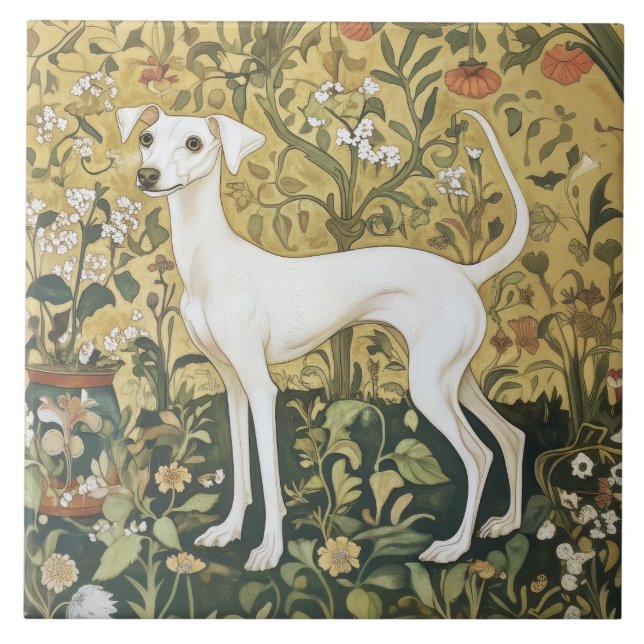Italian Greyhound or Whippet in a Vintage Garden Tile (Front)
