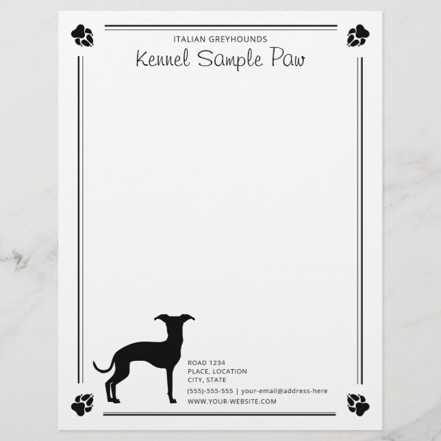 Italian Greyhound Silhouette With Paws And Text Custom Letterhead (Front)