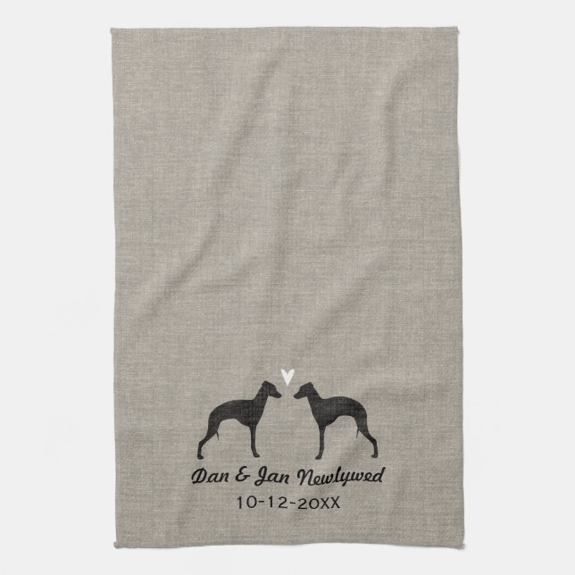 Italian Greyhound Silhouettes with Heart Tea Towel (Vertical)