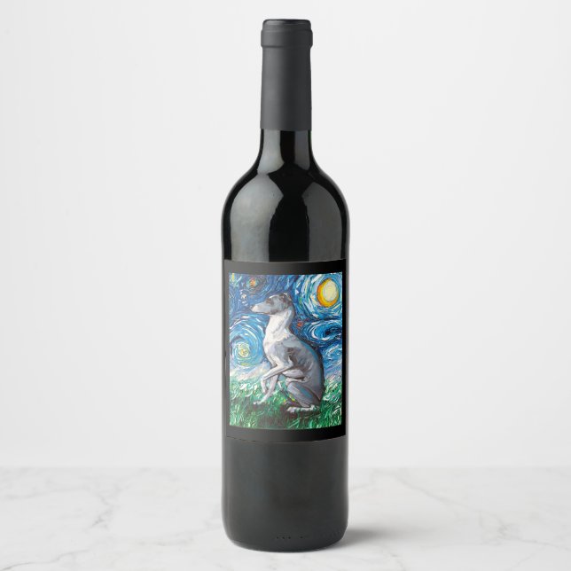 Italian Greyhound Starry Night Whippet Dog Art Wine Label (Front)