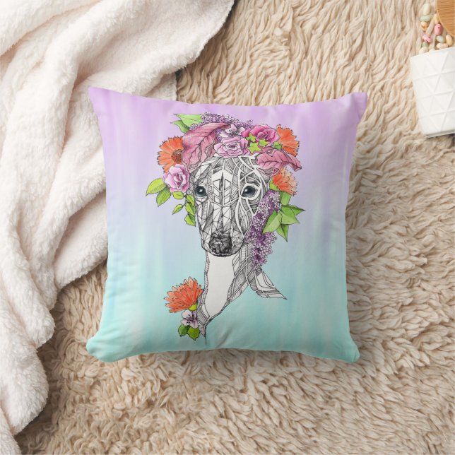 Italian greyhound whippet dog drawing flowers art cushion (Blanket)