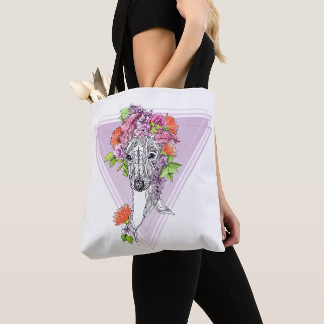 Italian greyhound whippet dog portrait flowers art tote bag (Close Up)