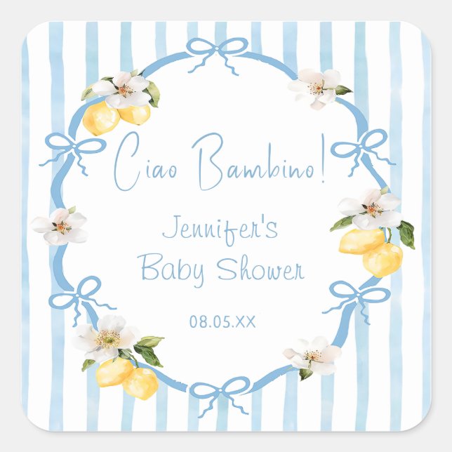 Italian Hand Drawn Coastal Lemon Baby Shower Square Sticker (Front)