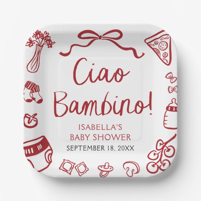 Italian Hand Drawn Pizza Ciao Bambino Baby Shower Paper Plate (Front)