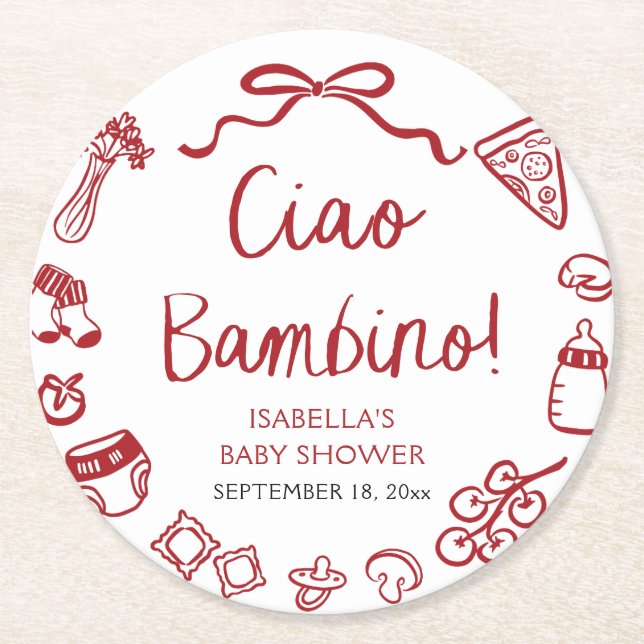 Italian Hand Drawn Pizza Ciao Bambino Baby Shower Round Paper Coaster (Front)