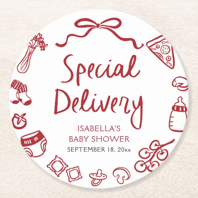 Italian Hand Drawn Special Delivery Baby Shower Round Paper Coaster (Front)