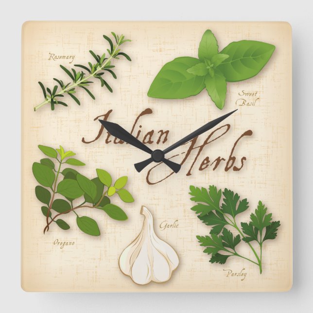 Italian Herbs, Basil, Oregano, Parsley, Garlic Square Wall Clock (Front)