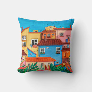 Italian houses. Gouache hand drawn Cushion