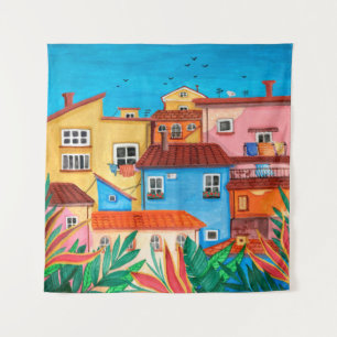 Italian houses. Gouache hand drawn Tapestry