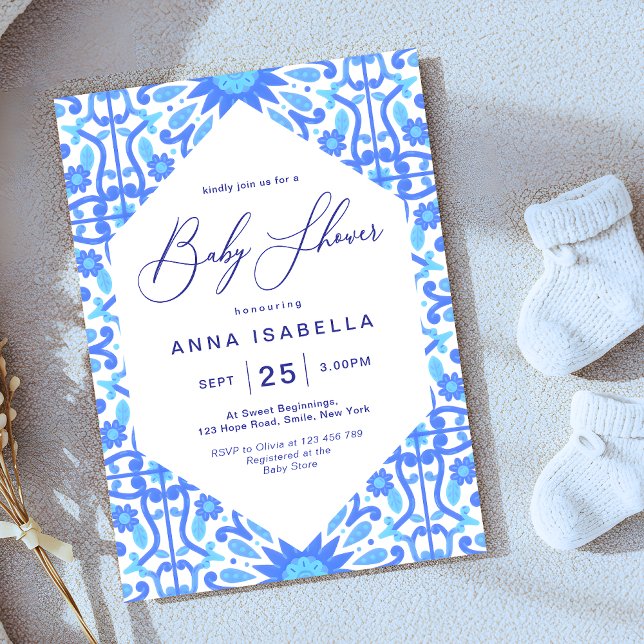 Italian Inspired Blue Tile Script Baby Shower Invitation (Creator Uploaded)