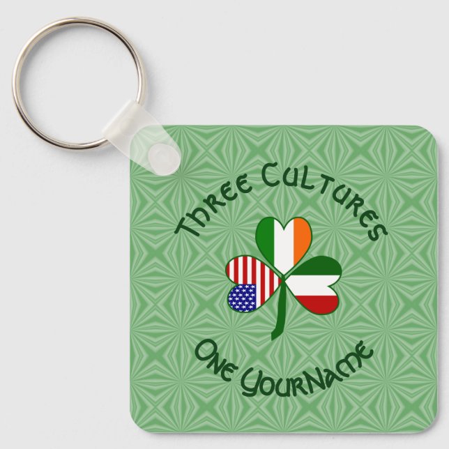 Italian Irish American Flags Shamrock Your Name Key Ring (Front)