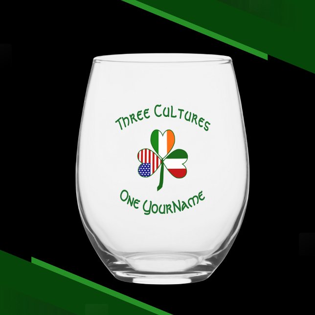 Italian Irish American Shamrock Personalised Stemless Wine Glass (Creator Uploaded)