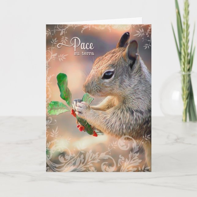 Italian Language Squirrel and Holly Christmas Holiday Card (Front)