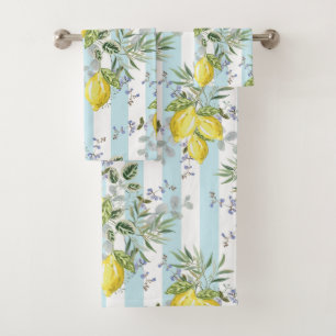 Italian Lemon Blossom Floral Stripe Mediterranean Bath Towel Set