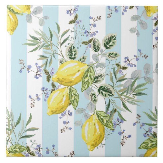Italian Lemon Blossom Floral Stripe Mediterranean  Tile (Front)