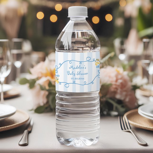 Italian Lemon Blue Bows Baby Shower Water Bottle Label (Creator Uploaded)