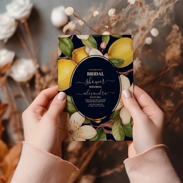 Italian lemon blue floral script bridal shower invitation (Creator Uploaded)