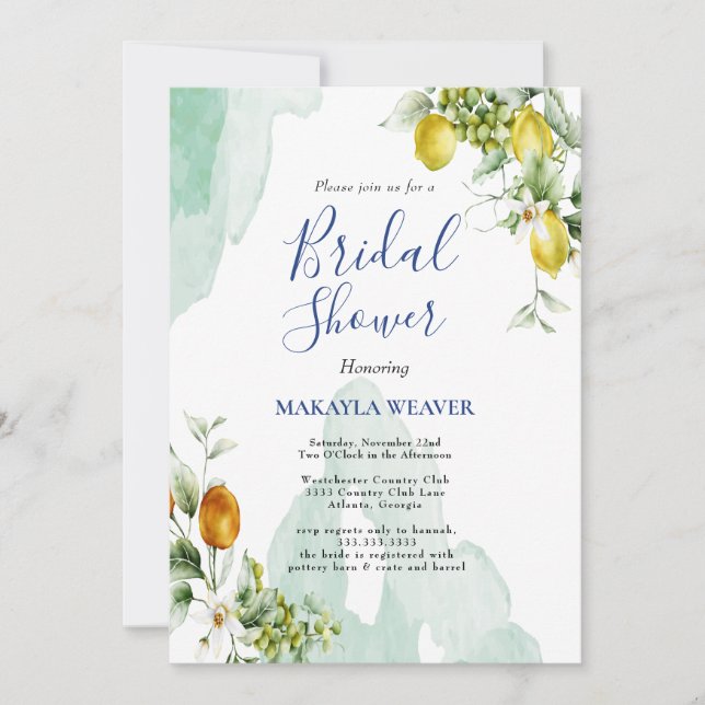Italian lemon blue floral script bridal shower invitation (Front)