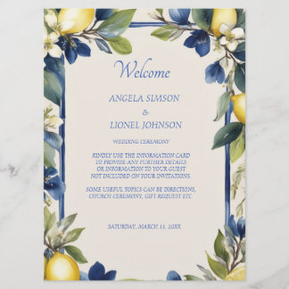 Italian Lemon Blue Floral Wedding Programme