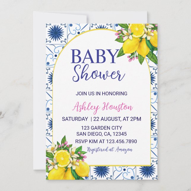 Italian Lemon Blue Tile Baby Shower Invitation (Front)